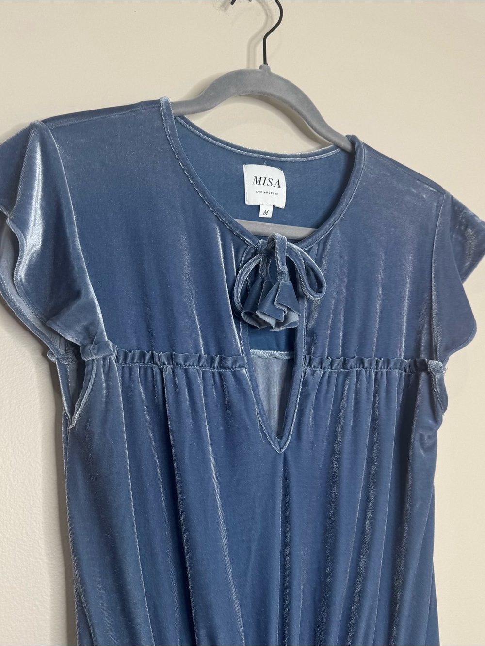 MISA Blue Velvet Tiered Short Flutter Sleeve Boho Mini Dress Medium Tie Neck - Picture 3 of 13